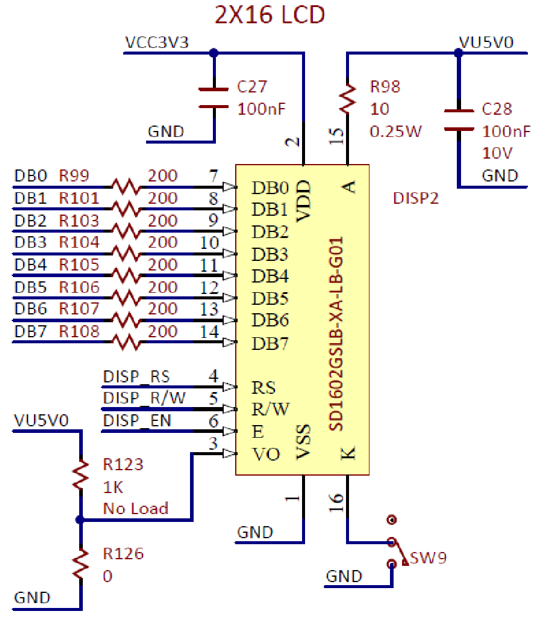 Figure A.1. LCD connection schematic diagram for Labs 3a and 3b.
