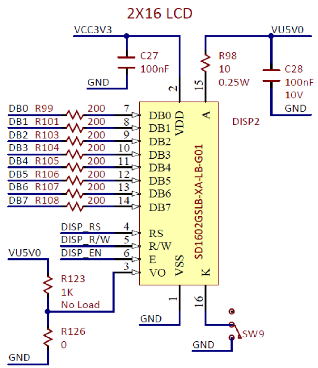 Figure A.1. LCD connection schematic diagram for Labs 3a and 3b.