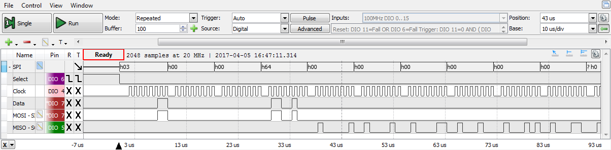 Figure 7.4. SPI Flash Read Byte command and three-byte address followed by reading data 'A', 'B', 'C', etc.