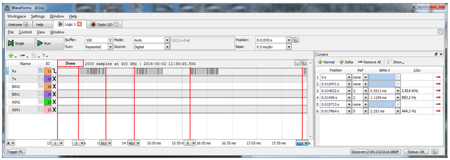 Figure 7.6. 38 kHz pulse burst timing representing two ZERO bits and a ONE bit.