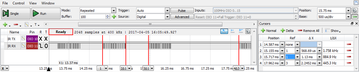 Figure 7.6. 38 kHz pulse burst timing representing two ZERO bits and a ONE bit.