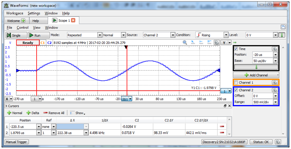 Figure 8.4. Audio signal capture for a 4500 Hz synthesized signal.