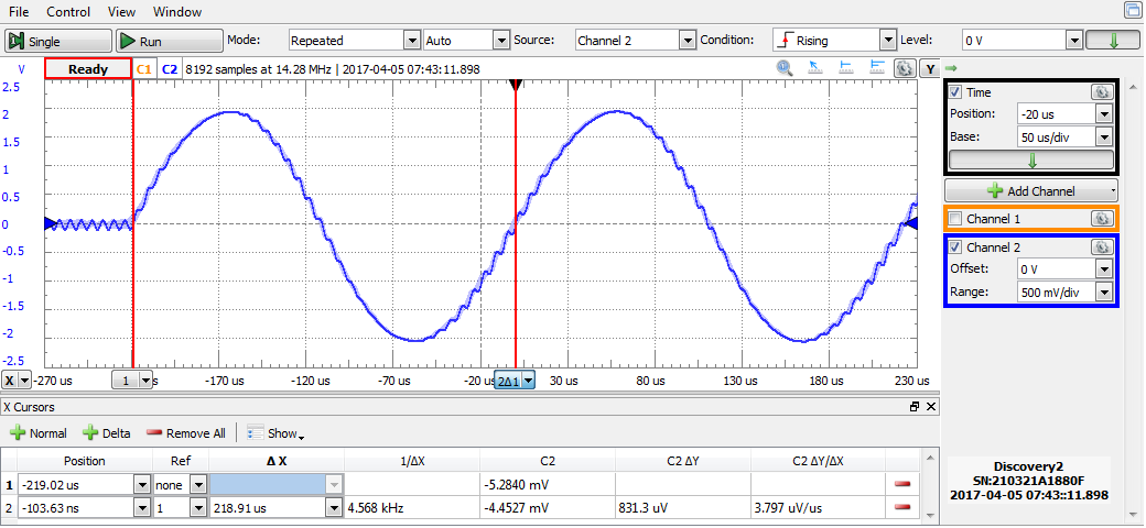 Figure 8.4. Audio signal capture for a 4500 Hz synthesized signal.