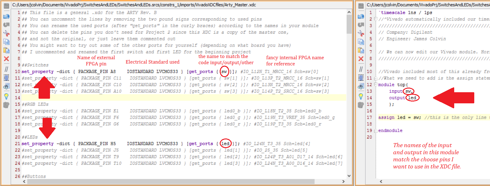An edited XDC and code module example(click to enlarge)