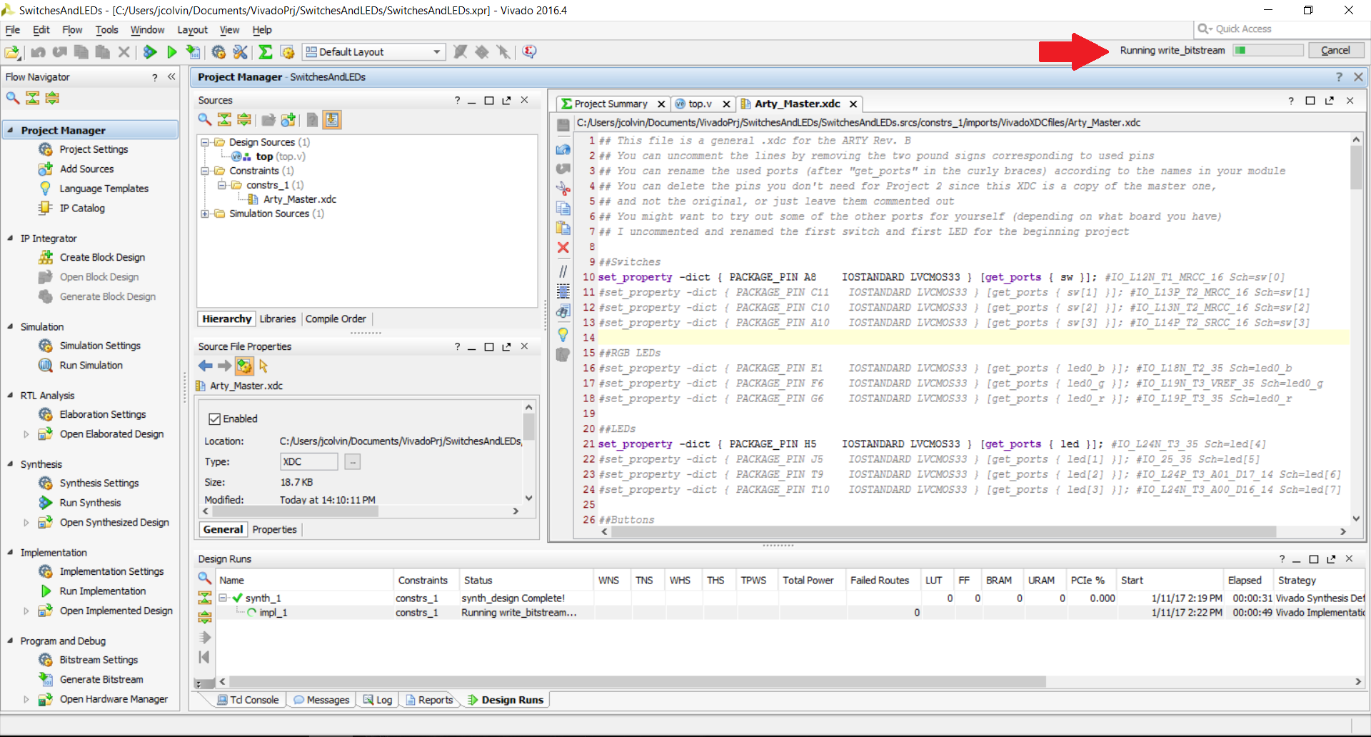 Wait for the bitstream generation to finish running (click to enlarge)