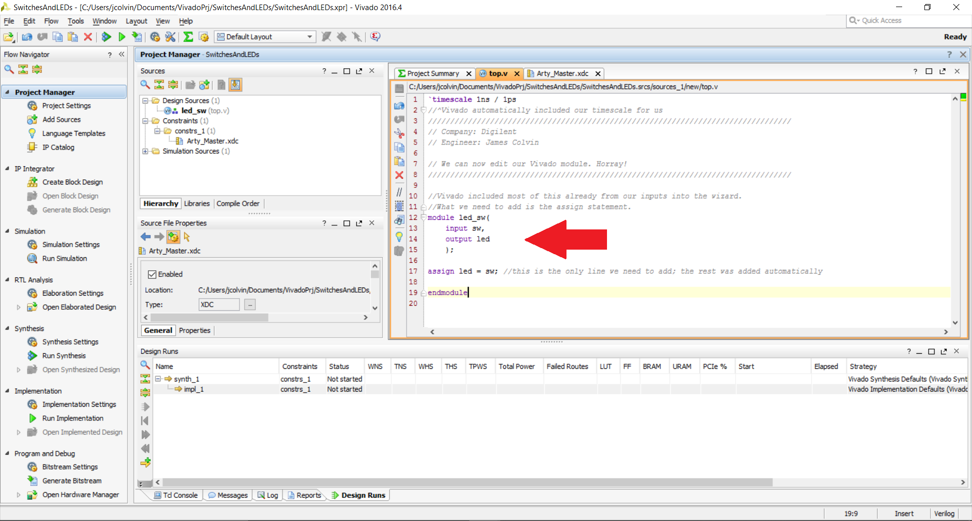 The Verilog module has been edited (click to enlarge)
